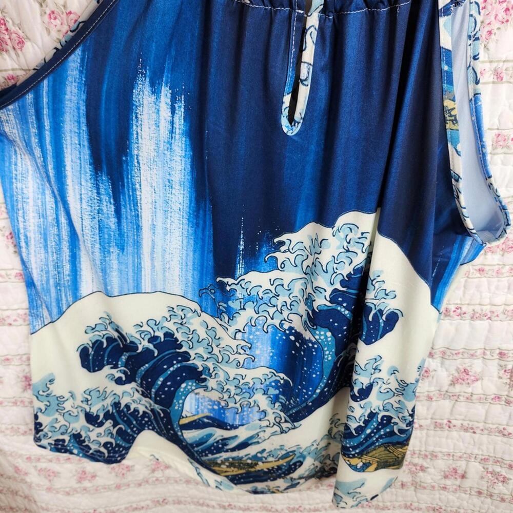 Wave Print Halter Top Sleeveless Drawstring 2XL